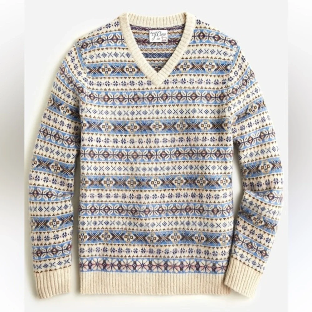 J. Crew Brushed Wool Fair‎ Isle V-Neck Sweater